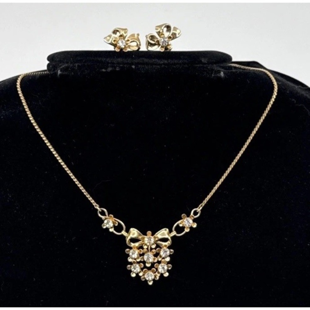 Vtg VAN DELL 1/20 12KT GF RHINESTONE NECKLACE & SCREW BACK EARRINGS SET Art Deco